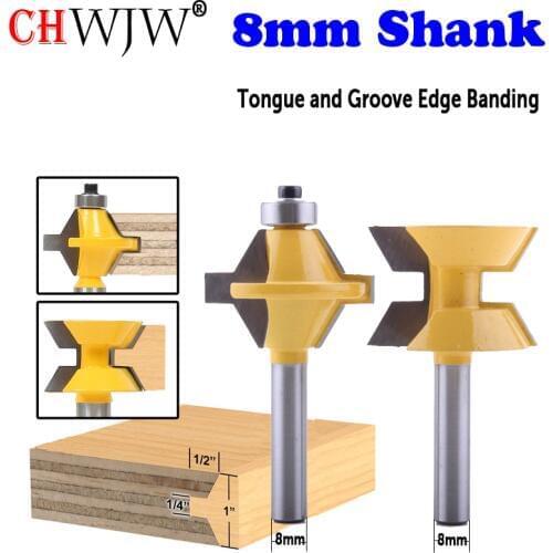 CHWJW 2PC 8mm Shank Tongue and Groove Edge Banding Router Bit Set Wood Cutting Tool