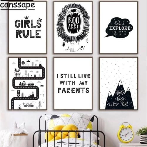 Nursery Wall Poster Mountain Print Lion Bear Painting Grass Posters Black And White Prints Nordic Wall Paintings Kids Room Decor