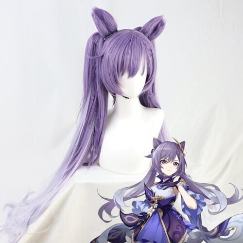Game Genshin Impact Cosplay Wigs Keqing Electro Cosplay Wig Synthetic Wig Long Straight Hairs Cosplay Accessory Comic Anime