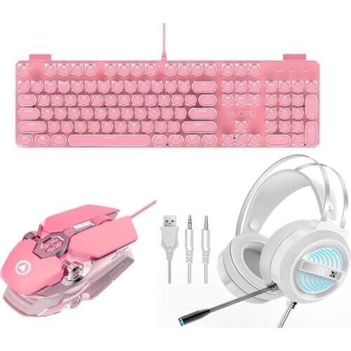 Gaming Keyboard Mouse Earphone Sets Punk Retro Keycaps Green Switch Mechanical Keyboard Noise Reduction Headset 3200DPI Mouse