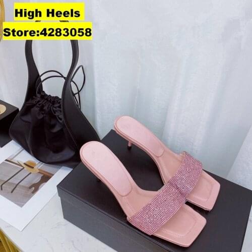 Casual Designer Women Sandals Pink Satin Slik Genuine Leather Crystal Strass One Strappy High Heels Sandalias mujeres Zapatos