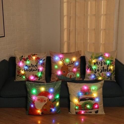 LED Light Christmas Cushion Cover 45*45cm Cotton Linen Pillow Covers Home Decor Sofa Cushions Pillow Cases 0558