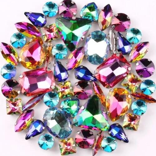 Silver claw settings 50pcs/bag shapes mix rainbow colors mix glass crystal sew on rhinestone wedding dress shoes bags diy trim