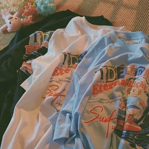 Surfing bear retro cartoon print female summer new loose half-sleeved short-sleeved top vintage oversized T-shirt Y2K T-shirt