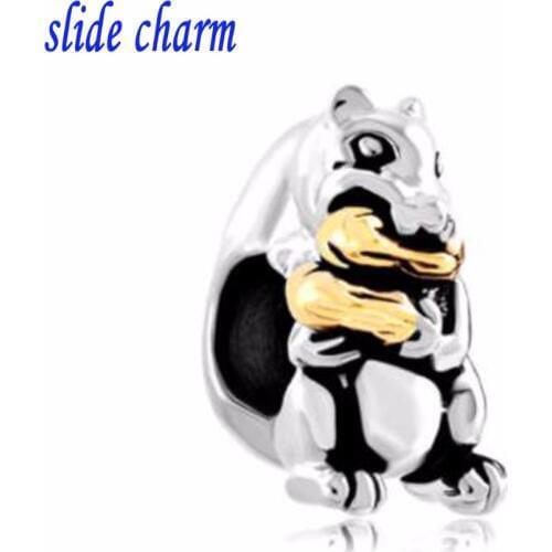 Slide charm Free shipping Gold Peanut Cute Squirrel Animal Charms For Bracelets European Bead fit Pandora bracelet