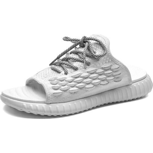 2021 New Fashion Knit Mens Slippers Outdoor Rubber Non-slip Street Trendy Reflective Flat Youth Comfort Breathable Slides Male