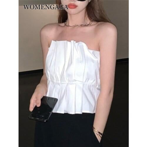 WOMENGAGA White Pleated Fold Girl Female Hot Sexy Ruffle Fashion Sexy Summer Tops Women Top Tank Korea LCF3