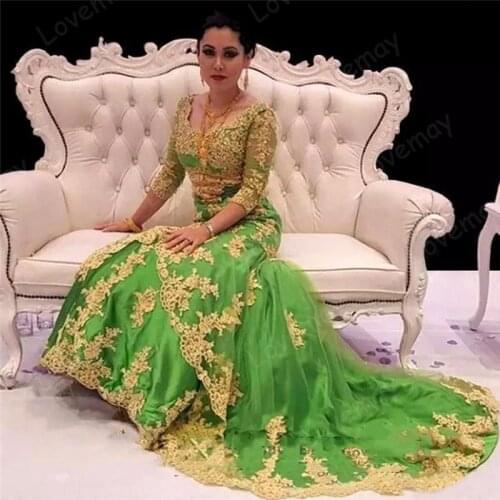 Saudi Arabia 2021 Green Mermaid Evening Dresses Long Sleeves Gold Lace Appliques Arabic Muslim Party Prom Dress Robes De Soirée