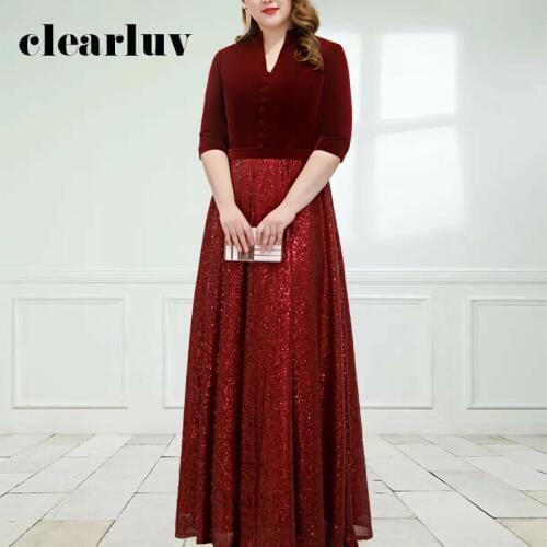 Patchwork A-Line Evening Dresses DR1089 V-Neck Burgundy Robe De Soiree Shiny Sequin Women Party Gowns Plus Size Elegant Vestido