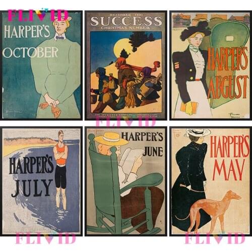 Vintage Magazine August Nordic Poster Wall Pictures For Living Room Harper‘s May June Season Wall Art Canvas Painting Unframed