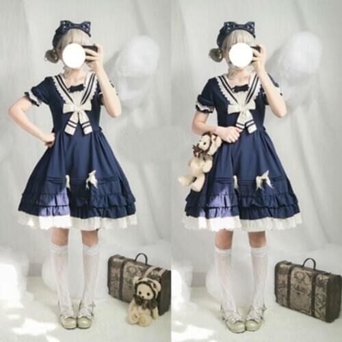 Japanese Girl Lolita Deep Blue Dress Plus Size Navy Collar Short Sleeve Bow Lolita Tea Pary Dress Cosplay Costumes XL Dress