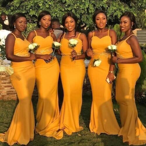 Yellow Bridesmaid Dresses African Elastic Satin Black Girl Bridesmaid Dress Mermaid Spaghetti Straps for Wedding Party Gowns