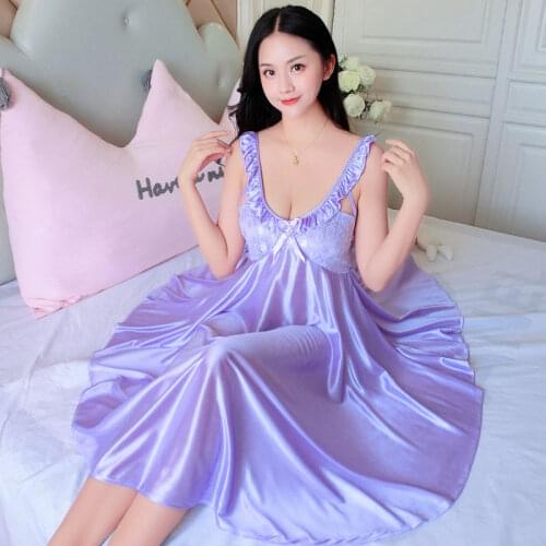 Ladies Sexy Silk Satin Nightgown Long Night Dress Lace Sleepshirt Summer Nightdress V Neck Sleeping Dress SLeepwear Lady Women