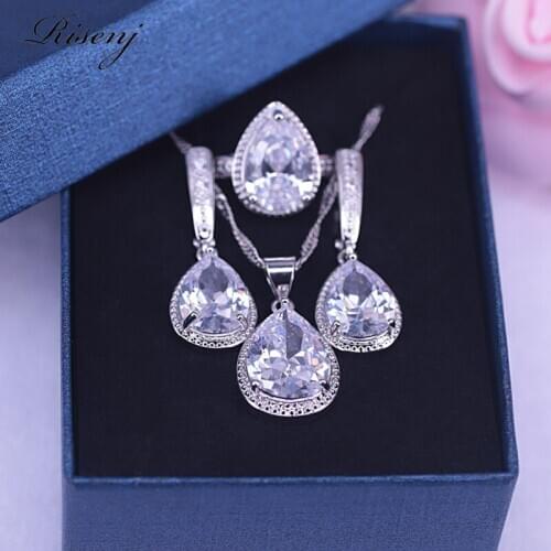 Big Sale Water Drop 925 Sterling Silver Costume Jewelry Sets For Women White Crystal&CZ Ring Pendant Earrings Bridal Jewelry Set