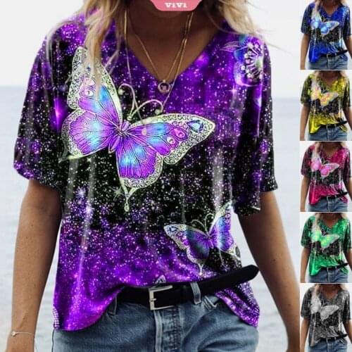 Summer Womens V-neck Pullover Loose Short Sleeve Shirt T-shirt Temperament Butterfly Print Pullover All-match T-shirt
