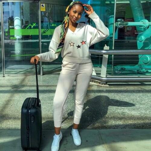 Womens Tracksuit Star Print V-neck Long Sleeve Pullover Top and Sportswear Jogger Sweatpant Autumn Winter Casual Clothing New