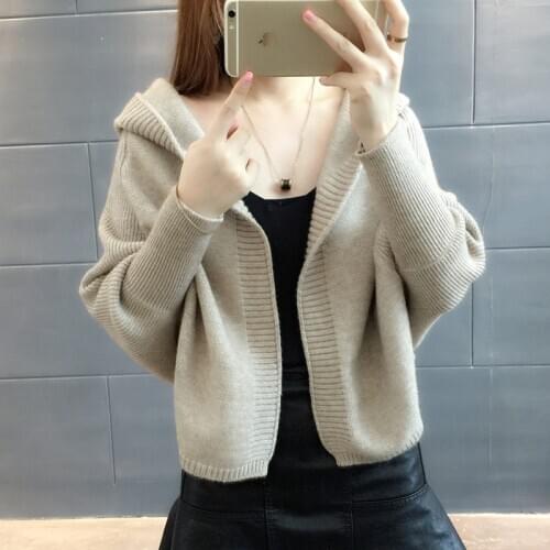 Women Bat type Hooded Sweater Coat 2020 Autumn Korean Fashion Knitted Cardigan Spring Clothes Loose Outwear Female Sueter Mujer