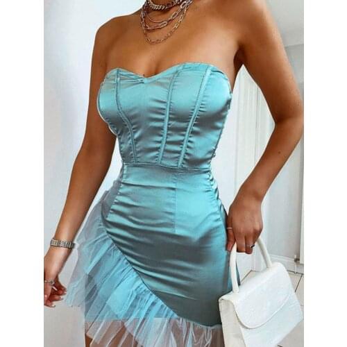 SRUBY 2020 Summer Dress Women Off Shoulder Bodycon Dresses Slim Stretch Zipper Mesh Patchwork Club Satin Dress Vestidos