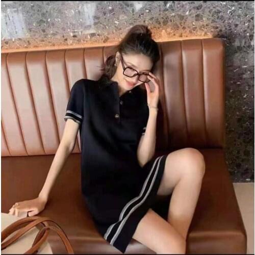 2021 Women Clothes Knit Dress Summer Short Sleeve Striped Patchwork Hit Color Polo Dress Elegant A-Line Mini Work Party Vestidos