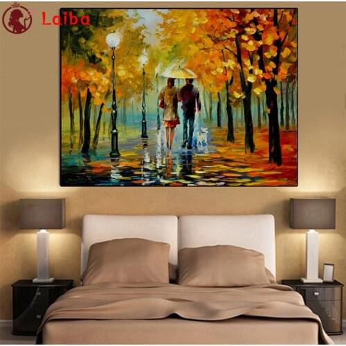 Diamond Embroidery Abstract art, painted tree fallen leaves, lovers Full Square round Diamond Mosaic Rhinestones Art Painting