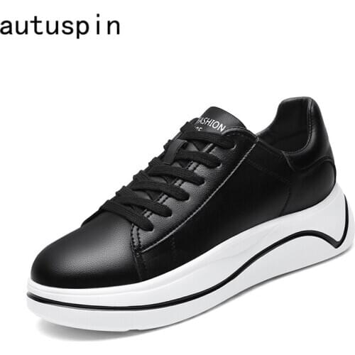 Autuspin New Sports Style Pumps Women Genuine Leather Round Toe Chunky Loafers Outside Casual Lace Up Platform Shoes Black White