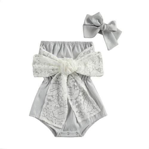 2020 New 0-24M Toddler Baby Girl Summer 2Pcs Set Lace Big Bowknot Striped Strapless Sleeveless Bodysuit+Headband Infant Outfit
