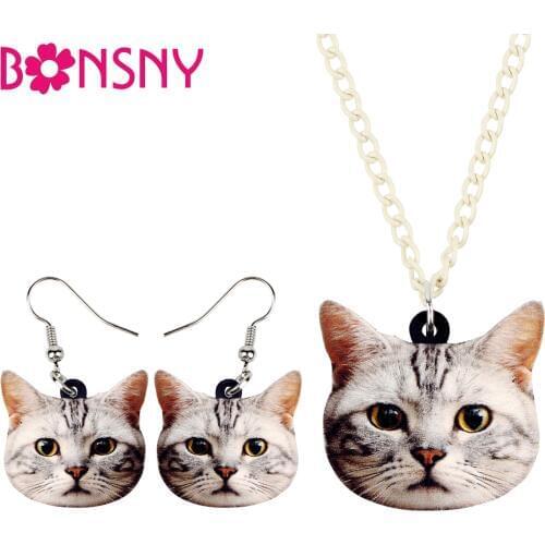 Bonsny Statement Acrylic Sweet Cat Kitten Jewelry Sets Suits Earrings Necklace Novelty Animal Gifts For Women Girls Teens Bijoux