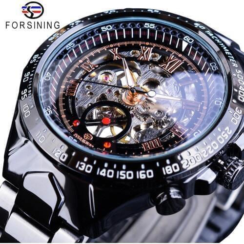 Forsining Sport Racing Speed Design Transparent Case Black Steel Luminous Mens Mechanical Skeleton Watch Top Brand Luxury Clock