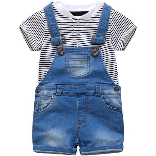 Childrens jeans suit boys' stripe short sleeve 2-piece set