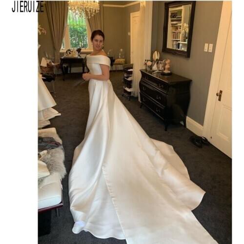 JIERUIZE Simple Cheap Wedding Dresses Boat Neck Button Back Satin Long A Line Bridal Wedding Gowns vestido de noiva Custom Made
