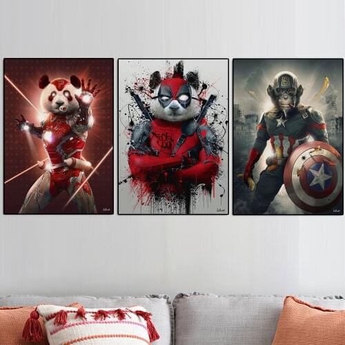Funny Marvel Avengers Animal Spiderman Poster Superhero Iron Man Deadpool Captain America Canvas Painting Living Room Home Decor