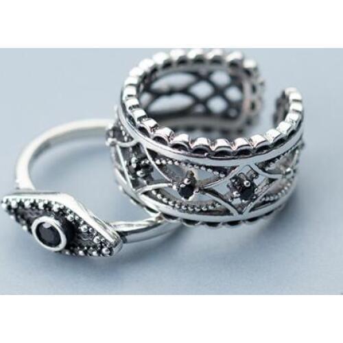 1pc Thail Silver 100% Authentic REAL.925 Sterling Silver Black CZ rhombus /Hollow Retro Partten Band wider Rings GTLJ1552