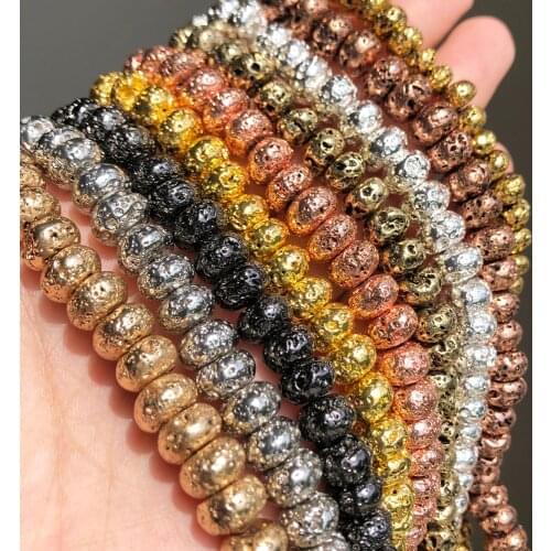 Natural Lava Volcanic Stone Rose Gold Black Silver Plated Flat Shape Loose Beads For Jewelry Making DIY Bracelets 15'' 6/8/10mm