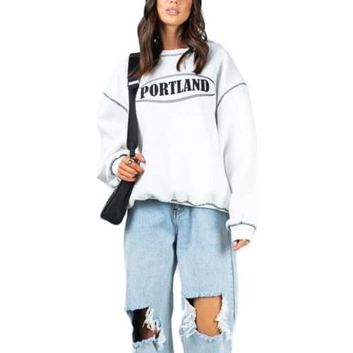 2021 New Women Casual Loose Sweater Adults Letter Print Long Sleeve Round Neck Sweatshirt