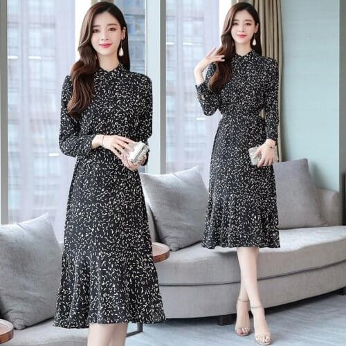Autumn Spring Print Black Slim Dress Female Midi Elegant Party Casual Dress Button Vintage Long Sleeve Korean Runway Vestido New