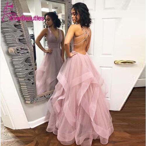 Robe De Soiree Evening Dress Long 2020 Tulle V-Neck Formal Dress Women Party Dresses Backless Evening Gown Abiye Gece Elbisesi