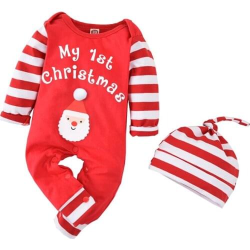 Newborn Baby’s Boys Girls Long-sleeved Christmas Stripe Print Round Neck Jumpsuit +Hat Autumn 2 Piece Set