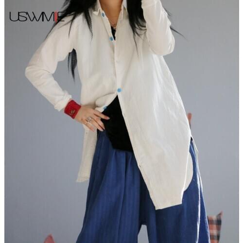 Plus Size Shirt Literary Retro Solid Color Simple Turn-down Collar Solid Color Single-breasted Loose Womens Tops And Blouses