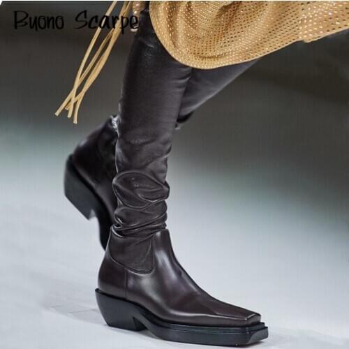 Fashion Catwalk Over The Knee Boots Genuine Leather Thigh High Boots Square Toe Chunky Heel Elastic Slim Long Boots Brand Shoes