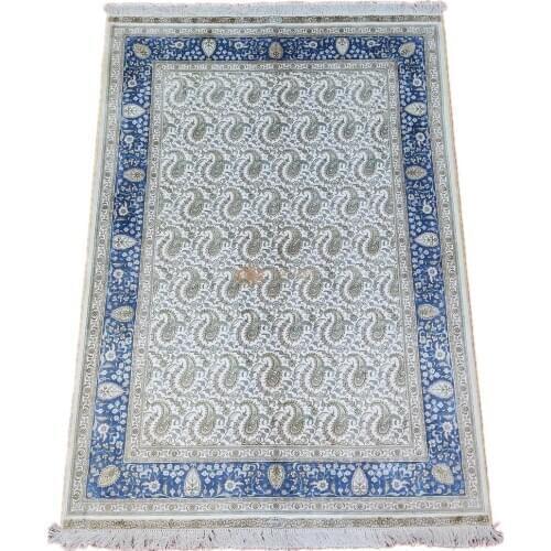 Seeykeep™ 4.5x6.5ft Rectangle Pure Silk Handknotted Light Blue Floral With Boteh Motif Rug-SK3036173