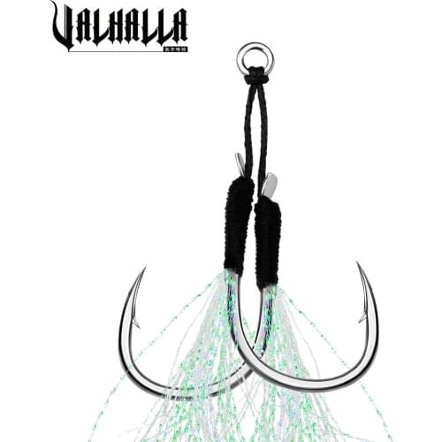 VALHALLA 5Pair/Lot Fishing Hook 11#-20# Assist Hooks Jig Fishhook With Thread Feather Luminous Double Pair Barbed Hook