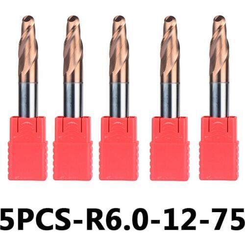Tungsten Steel Ball Nose End Mills 5pcs/lot R6-12-75 HRC55 With Straight Shank 2-Flute Ball Head Milling Cutters Router Bits