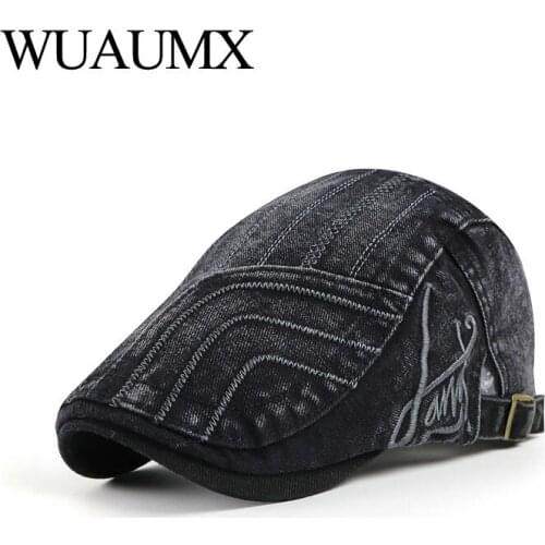 WUAUMX NEW Spring Mens Beret Hats Striped Flat Peaked Cap Women Washed Denim Herringbone Cap Visors Adjustable gorras hombre