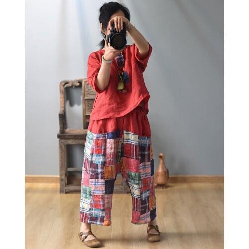 Women Loose Patchwork Ramie T-shirts Ladies Vintage Spliced Ramie Tops Female 2020 Summer Tees Shirt