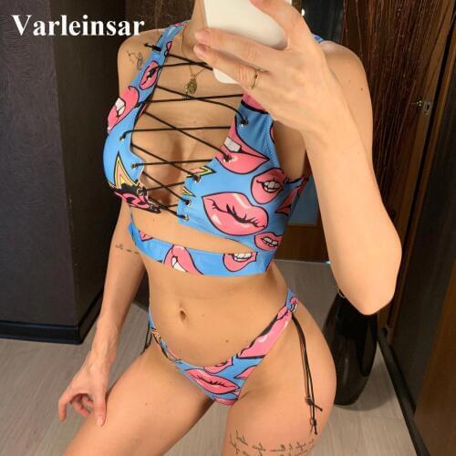 5 Colors Sexy Print Lace Up Thong Bikini 2019 Female Swimsuit Women Swimwear Two-pieces Bikini set Bather Bathing Suit Swim V524