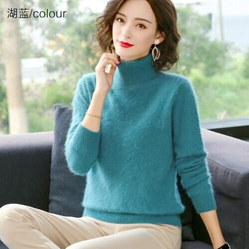 Winter Women Sweater Solid Color 100% Mink Cashmere Turtleneck Knitted Pullovers Slim Soft Warm Female Long Sleeve Sweater