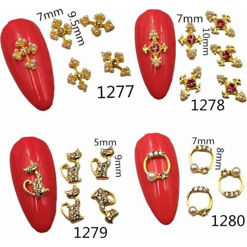 10pcs/pack Japan Alloy Nail Art cross cat wreath with rhinestone pearl Metal Accessorie for Phototherapy bride Nail Sticker DIY