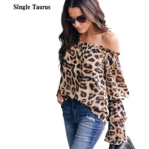 2021 Slash Sleeve Leopard Chiffon Women Shirts Long Sleeve Streetwear Blouse Women Loose Off Shouder Long Sleeve Elegante Blusas
