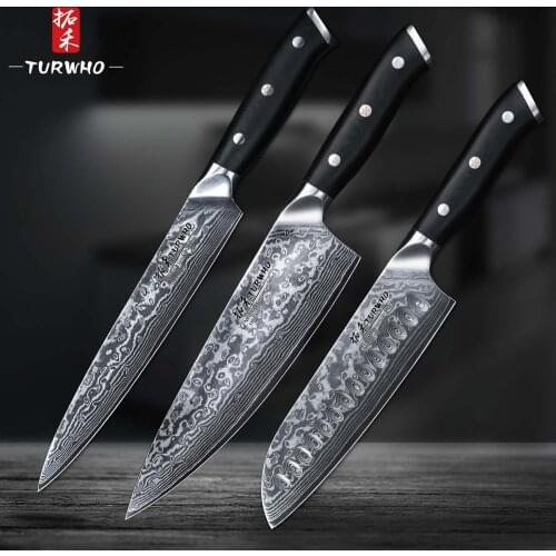 TURWHO 3PCS Pro Kitchen Knife Sets Japanese forged VG-10 Damascus Steel Chef Santoku Slicing Knives Stainless Steel G10 Handle