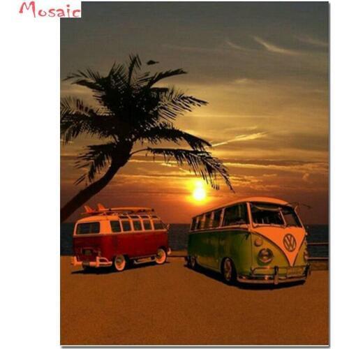 Diamond painting cartoon bus DIY full round diamond embroidery diamond mosaic sunset scenery picture cross stitch handmade hobby